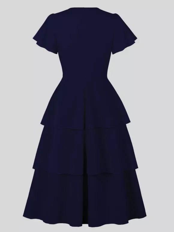 Vintage Dress Women's Elegant Tiered Midi Dress Short Flutter Sleeve Tie Front Fit And Flare Dress