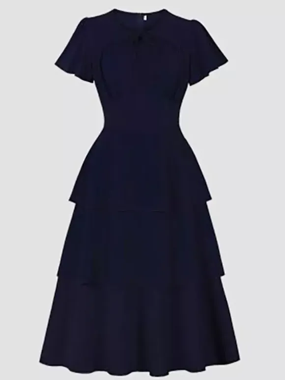 Vintage Dress Women's Elegant Tiered Midi Dress Short Flutter Sleeve Tie Front Fit And Flare Dress