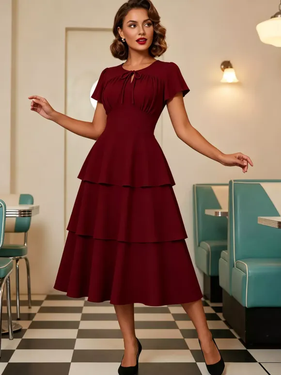 Vintage Dress Women's Elegant Tiered Midi Dress Short Flutter Sleeve Tie Front Fit And Flare Dress