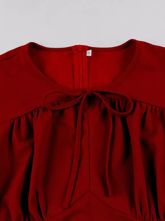 Vintage Dress Women's Elegant Tiered Midi Dress Short Flutter Sleeve Tie Front Fit And Flare Dress