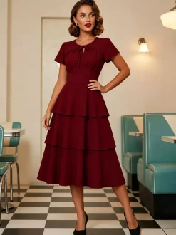 Vintage Dress Women's Elegant Tiered Midi Dress Short Flutter Sleeve Tie Front Fit And Flare Dress