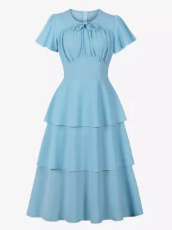 Vintage Dress Women's Elegant Tiered Midi Dress Short Flutter Sleeve Tie Front Fit And Flare Dress