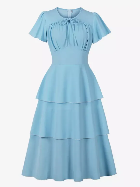 Vintage Dress Women's Elegant Tiered Midi Dress Short Flutter Sleeve Tie Front Fit And Flare Dress