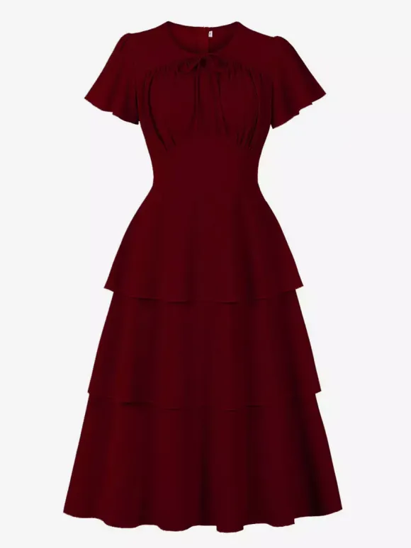 Vintage Dress Women's Elegant Tiered Midi Dress Short Flutter Sleeve Tie Front Fit And Flare Dress
