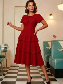 Vintage Dress Women's Elegant Tiered Midi Dress Short Flutter Sleeve Tie Front Fit And Flare Dress