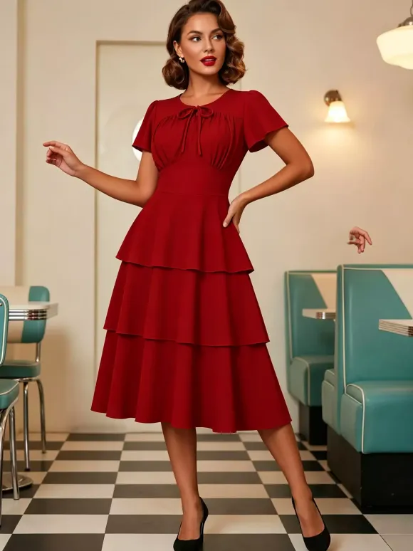 Vintage Dress Women's Elegant Tiered Midi Dress Short Flutter Sleeve Tie Front Fit And Flare Dress