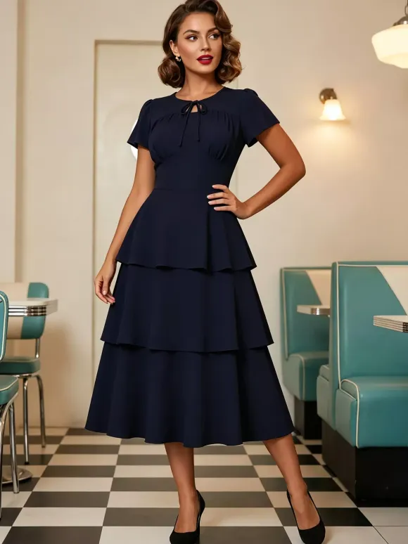 Vintage Dress Women's Elegant Tiered Midi Dress Short Flutter Sleeve Tie Front Fit And Flare Dress