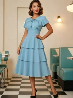 Vintage Dress Women's Elegant Tiered Midi Dress Short Flutter Sleeve Tie Front Fit And Flare Dress