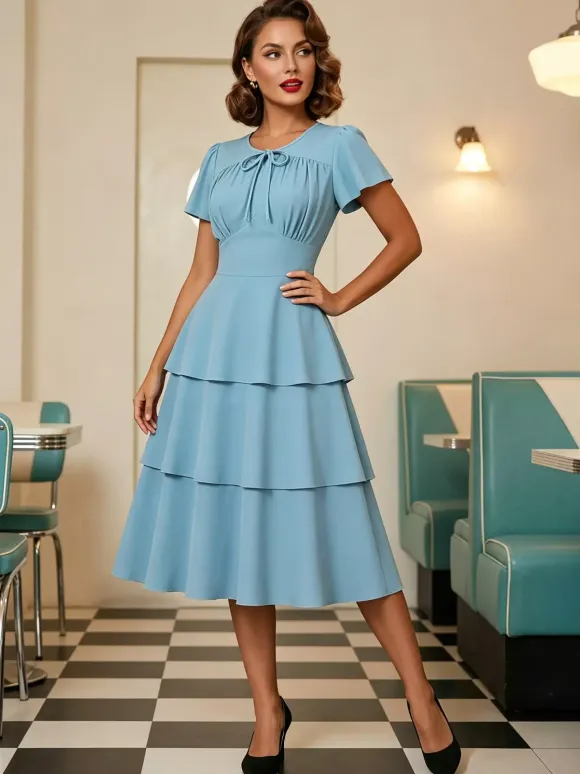 Vintage Dress Women's Elegant Tiered Midi Dress Short Flutter Sleeve Tie Front Fit And Flare Dress