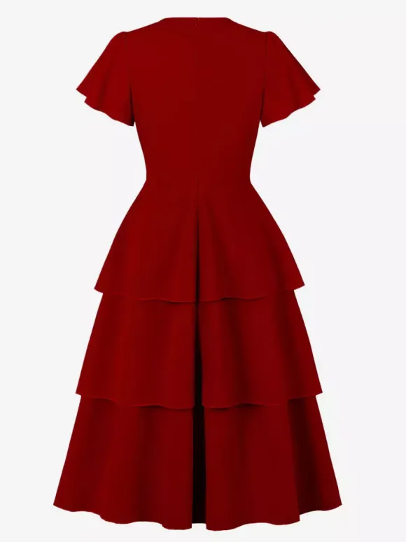 Vintage Dress Women's Elegant Tiered Midi Dress Short Flutter Sleeve Tie Front Fit And Flare Dress