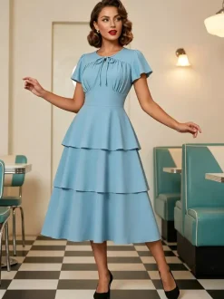 Vintage Dress Women's Elegant Tiered Midi Dress Short Flutter Sleeve Tie Front Fit And Flare Dress