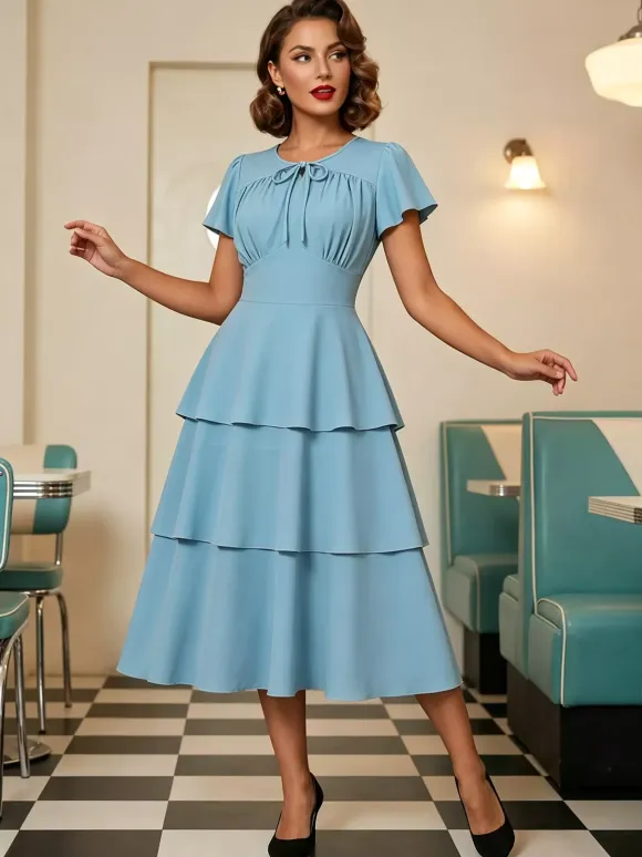 Vintage Dress Women's Elegant Tiered Midi Dress Short Flutter Sleeve Tie Front Fit And Flare Dress