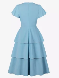 Vintage Dress Women's Elegant Tiered Midi Dress Short Flutter Sleeve Tie Front Fit And Flare Dress