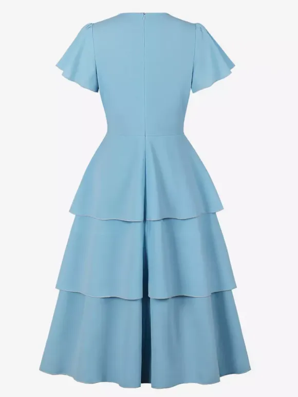 Vintage Dress Women's Elegant Tiered Midi Dress Short Flutter Sleeve Tie Front Fit And Flare Dress