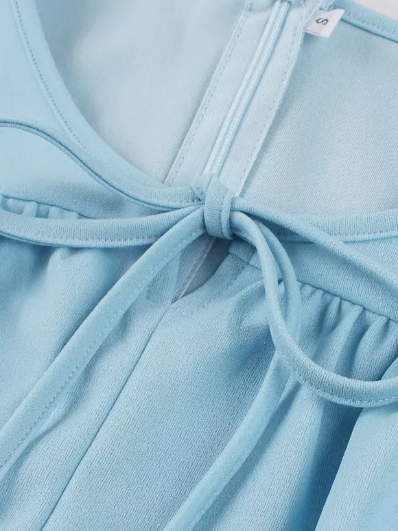 Vintage Dress Women's Elegant Tiered Midi Dress Short Flutter Sleeve Tie Front Fit And Flare Dress