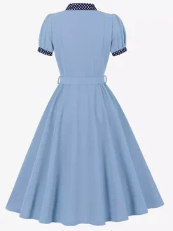 Vintage Dress Women's 1950s Swing Dress Polka Dot Collar Bow Tie Tea Party Midi Dress