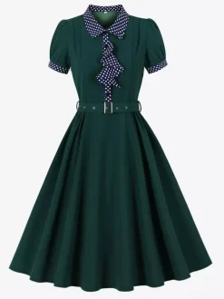 Vintage Dress Women's 1950s Swing Dress Polka Dot Collar Bow Tie Tea Party Midi Dress