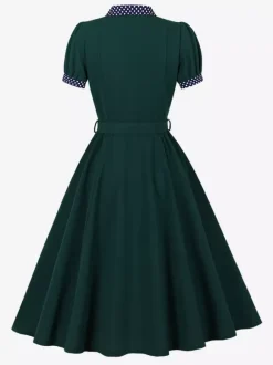 Vintage Dress Women's 1950s Swing Dress Polka Dot Collar Bow Tie Tea Party Midi Dress