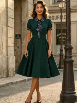 Vintage Dress Women's 1950s Swing Dress Polka Dot Collar Bow Tie Tea Party Midi Dress