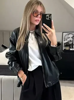 Vintage Faux Leather Bomber Jacket For Women - Retro Zip Up Oversized Harrington Moto Coat - Spring Casual Outerwear 2026