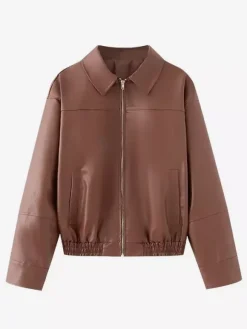 Vintage Faux Leather Bomber Jacket For Women - Retro Zip Up Oversized Harrington Moto Coat - Spring Casual Outerwear 2026