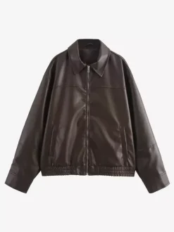 Vintage Faux Leather Bomber Jacket For Women - Retro Zip Up Oversized Harrington Moto Coat - Spring Casual Outerwear 2026