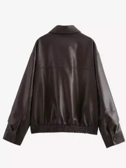 Vintage Faux Leather Bomber Jacket For Women - Retro Zip Up Oversized Harrington Moto Coat - Spring Casual Outerwear 2026