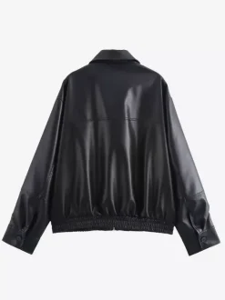 Vintage Faux Leather Bomber Jacket For Women - Retro Zip Up Oversized Harrington Moto Coat - Spring Casual Outerwear 2026