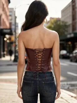 Vintage Faux Leather Lace Up Corset Top Strapless Slim Fit Bustier For Women 2026