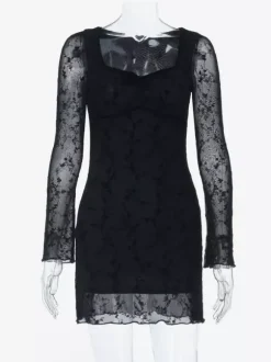 Vintage Floral Lace Women Bodycon Mini Dress - Sexy Sheer Long Sleeve Square Neck - Coquette Aesthetic Spring Date Night 2026