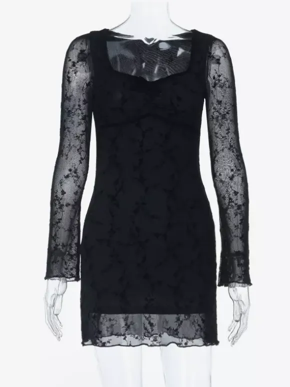 Vintage Floral Lace Women Bodycon Mini Dress - Sexy Sheer Long Sleeve Square Neck - Coquette Aesthetic Spring Date Night 2026