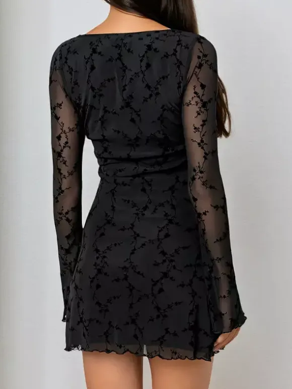 Vintage Floral Lace Women Bodycon Mini Dress - Sexy Sheer Long Sleeve Square Neck - Coquette Aesthetic Spring Date Night 2026
