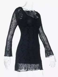 Vintage Floral Lace Women Bodycon Mini Dress - Sexy Sheer Long Sleeve Square Neck - Coquette Aesthetic Spring Date Night 2026