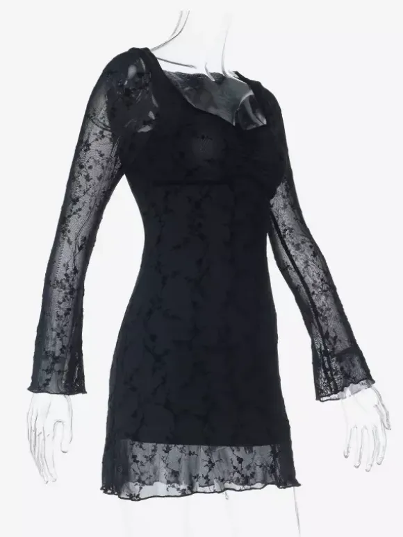 Vintage Floral Lace Women Bodycon Mini Dress - Sexy Sheer Long Sleeve Square Neck - Coquette Aesthetic Spring Date Night 2026