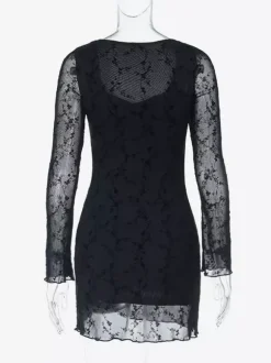 Vintage Floral Lace Women Bodycon Mini Dress - Sexy Sheer Long Sleeve Square Neck - Coquette Aesthetic Spring Date Night 2026