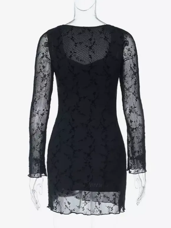 Vintage Floral Lace Women Bodycon Mini Dress - Sexy Sheer Long Sleeve Square Neck - Coquette Aesthetic Spring Date Night 2026