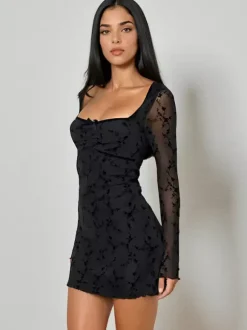 Vintage Floral Lace Women Bodycon Mini Dress - Sexy Sheer Long Sleeve Square Neck - Coquette Aesthetic Spring Date Night 2026