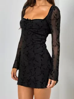 Vintage Floral Lace Women Bodycon Mini Dress - Sexy Sheer Long Sleeve Square Neck - Coquette Aesthetic Spring Date Night 2026