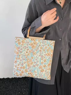 Vintage Floral Print Bamboo Handle Tote Bag Large Capacity Canvas Shoulder Handbag