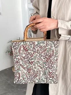 Vintage Floral Print Bamboo Handle Tote Bag Large Capacity Canvas Shoulder Handbag