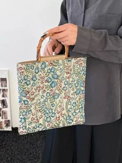 Vintage Floral Print Bamboo Handle Tote Bag Large Capacity Canvas Shoulder Handbag
