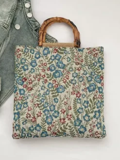 Vintage Floral Print Bamboo Handle Tote Bag Large Capacity Canvas Shoulder Handbag
