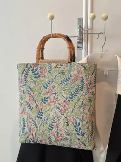 Vintage Floral Print Bamboo Handle Tote Bag Large Capacity Canvas Shoulder Handbag