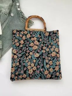 Vintage Floral Print Bamboo Handle Tote Bag Large Capacity Canvas Shoulder Handbag