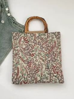 Vintage Floral Print Bamboo Handle Tote Bag Large Capacity Canvas Shoulder Handbag