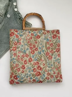 Vintage Floral Print Bamboo Handle Tote Bag Large Capacity Canvas Shoulder Handbag