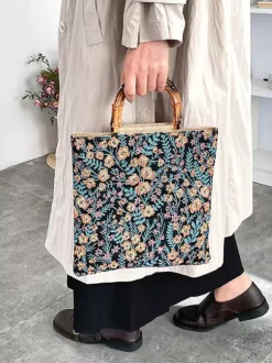 Vintage Floral Print Bamboo Handle Tote Bag Large Capacity Canvas Shoulder Handbag
