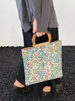 Vintage Floral Print Bamboo Handle Tote Bag Large Capacity Canvas Shoulder Handbag
