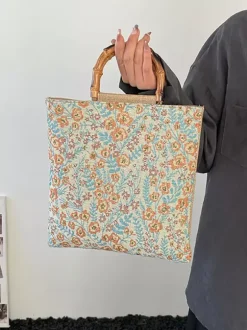 Vintage Floral Print Bamboo Handle Tote Bag Large Capacity Canvas Shoulder Handbag