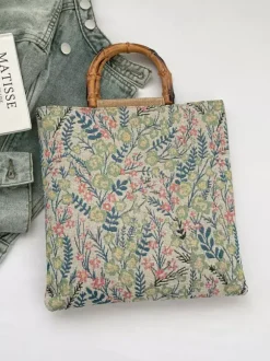 Vintage Floral Print Bamboo Handle Tote Bag Large Capacity Canvas Shoulder Handbag